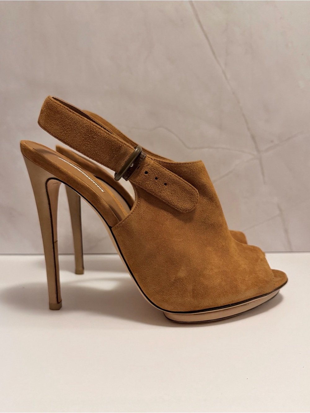 Emporio Armani Tan Suede Slingback Peep-Toe Stilettos - Picture 3 of 6